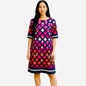 Eliza J Pink Geometric Print Sheath Dress Size 10P | Bold Graphic Midi Dress